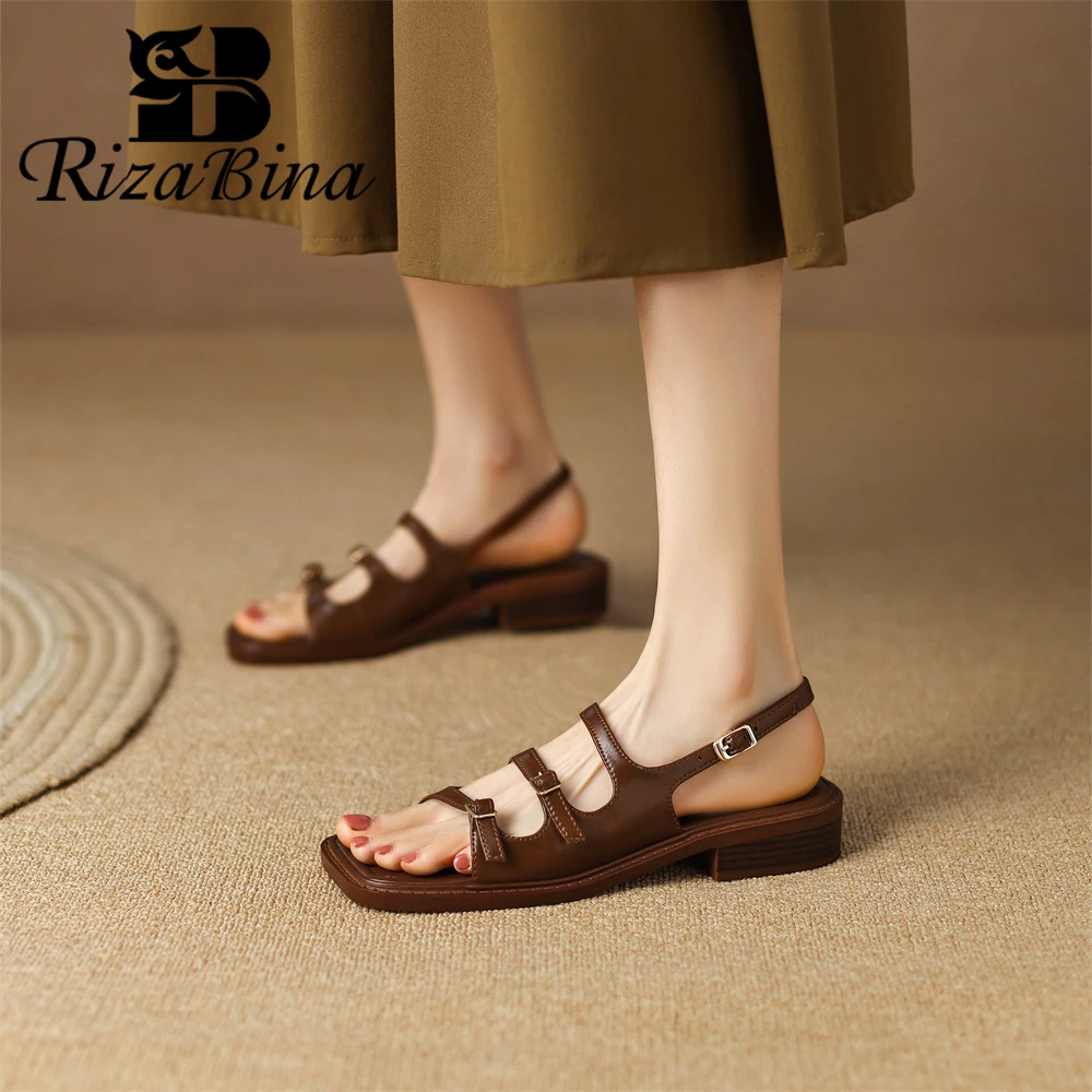 

RIZABINA 2024 New Women Sandals Genuine Leather Handmade Roman Design Slingback Pumps Ladies Retro Mixed Color Chunky Heel Shoes