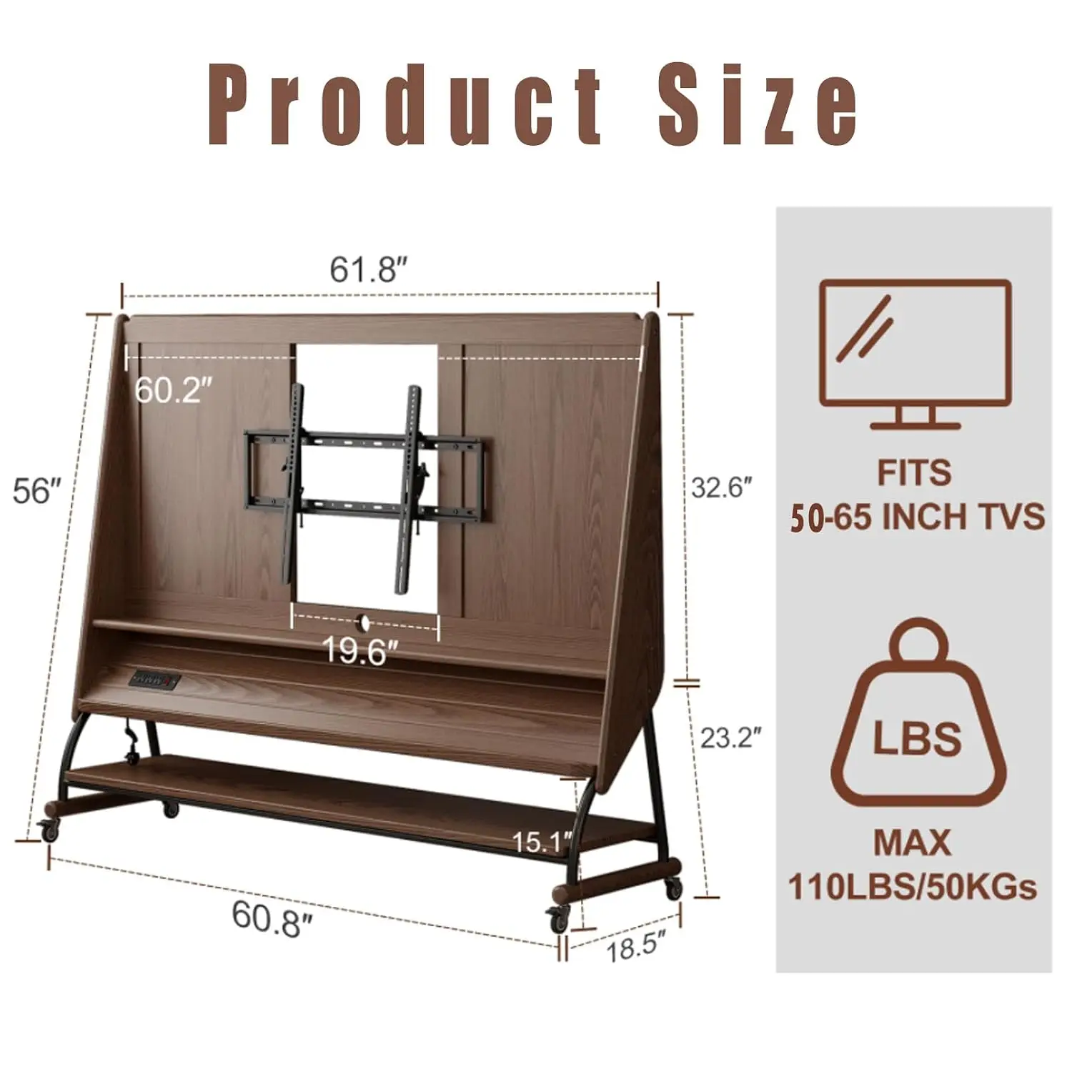 Solid Wood Rolling TV Stand 40-65 Inch, Mobile Cart With Wheels, 3 Tier Shelf & Outlet, Floor Mount Bedroom, Customized
