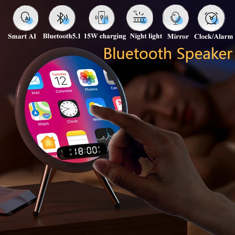 Girl Smart Bluetooth Speaker Wireless Mirror SoundBox Desktop Alarm Clock Wireless Charging with LED Night Light TF Music Player