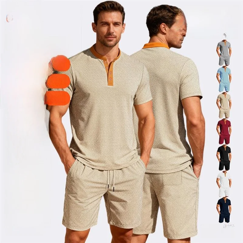 メンズサマーカジュアルカラーブロックラウンドネックボタン半袖おしゃれショートパンツセットショート丈tシャツ＆ショートパンツコンボ