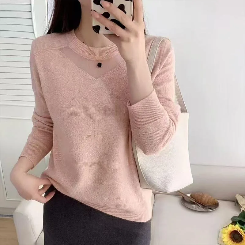 

Women Clothing Fashion All-match Lace Hollow Out Pullovers Autumn Winter Solid Casual Long Sleeve Knit Sweaters Lady Elegant Top