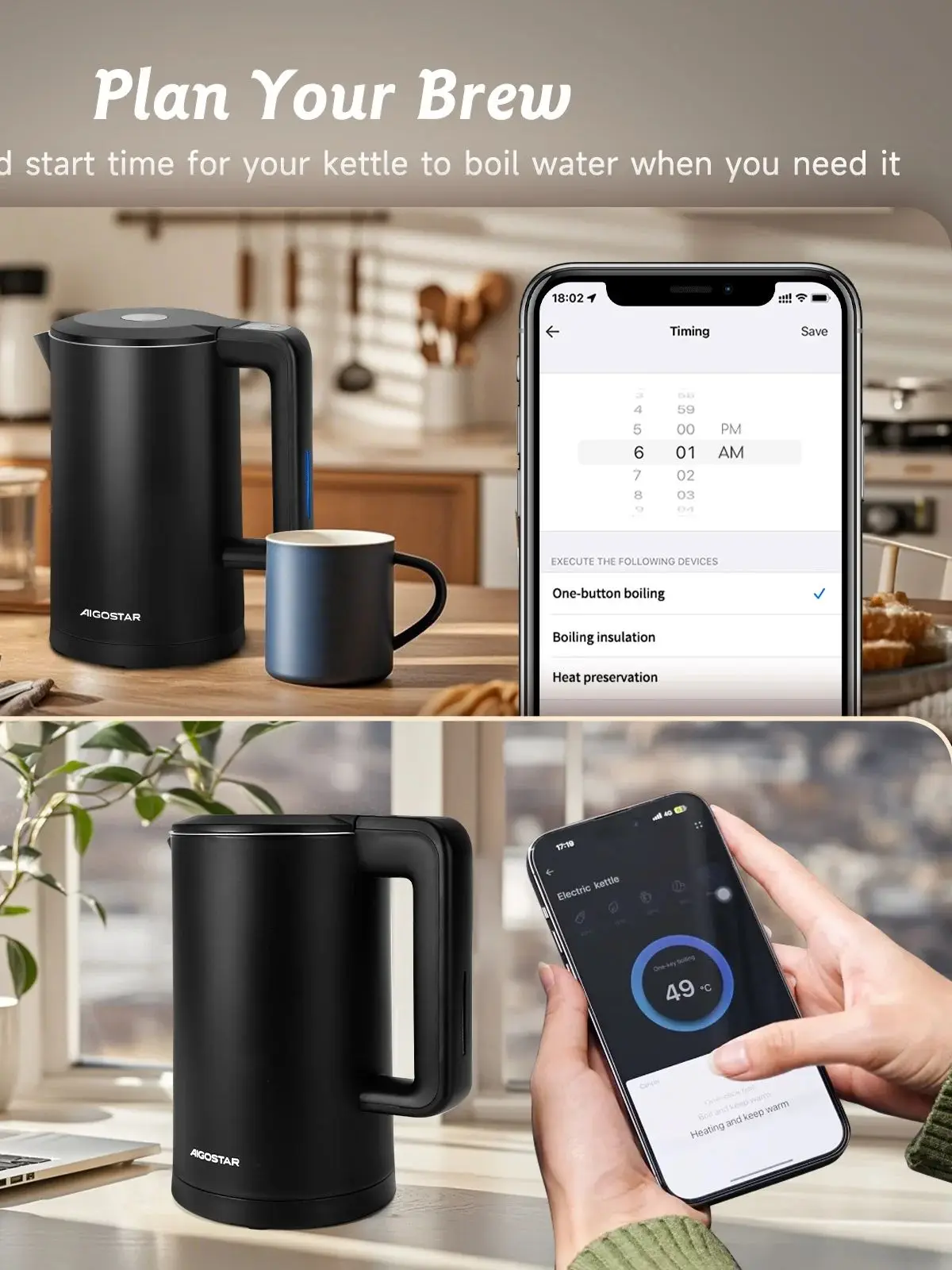 Aigostar Smart Wasserkocher mit Temperatureinstellung 40°C-100°C, WiFi Steuerung Kompatibel zu Alexa, 1,7 L Edelstahl Doppelwand Cool Touch, Leise & Kabellos, Warmhaltefunktion, Schwarz