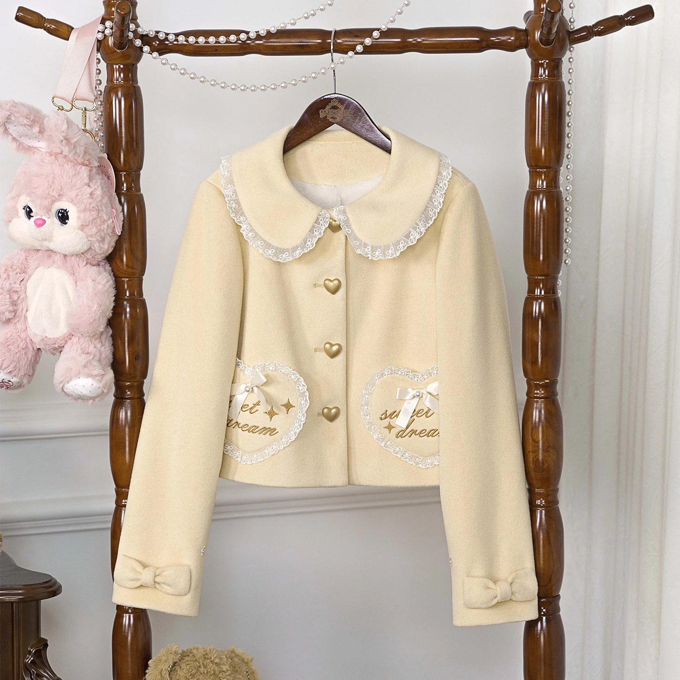 Japanese Original Lolita Top Sweet Kawaii Heart-shaped Bow Lace Jacket Warm Autumn and Winter Daily Commute Versatile Retro Coat