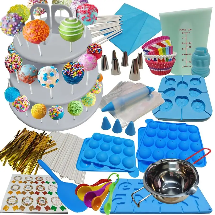 

Cake Pop Maker Kit Silicone Lollipop Molds Baking Supplies with 3 Tier Display Stand Chocolate Candy Melting Pot Bags and Twist