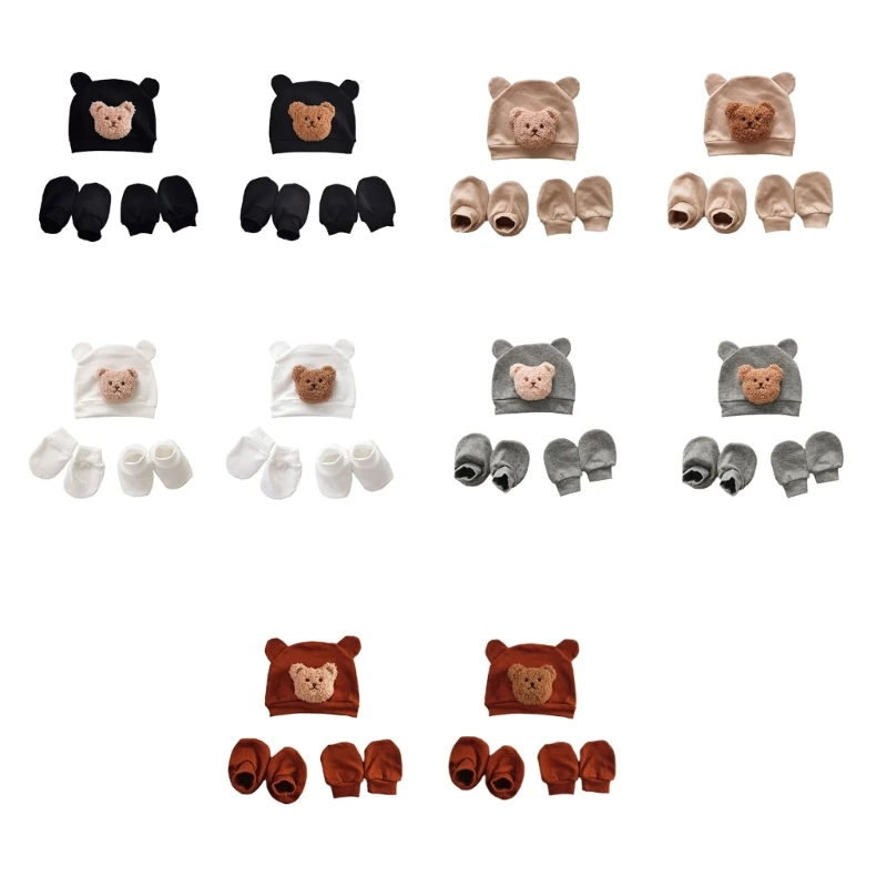 

N80C Newborns Baby Hat & Anti Scratches Gloves and Socks Set Cartoon Headwear Anti-grab Mittens and Foot Cover for Boys Girls