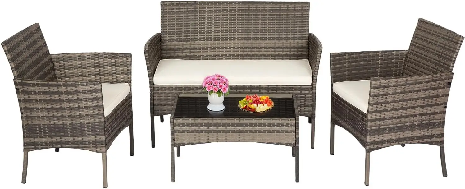 

Outdoor Patio Furniture Set with Loveseats and Coffee Table, 4-Piece PE Rattan Bistro Set for Indoor and Outdoor Use