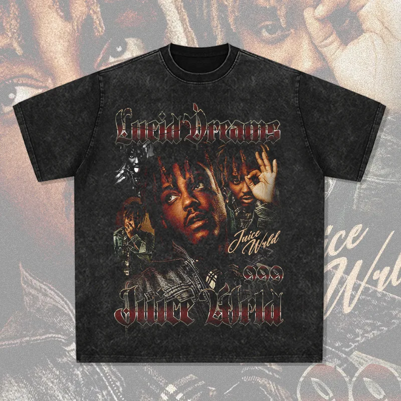 تي شيرت ريترو ثقيل الوزن ملابس الشارع الشهير 220 جرام عصير Wrld الهيب هوب طباعة عصرية قصيرة الأكمام نمط المدرسة القديمة مزيج البوليستر #1