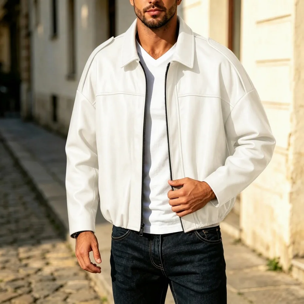 Men's Regular Length Solid Color Leather Jacket with Medium Stretch Ideal for Cycling Yoga Beach Holiday Outings