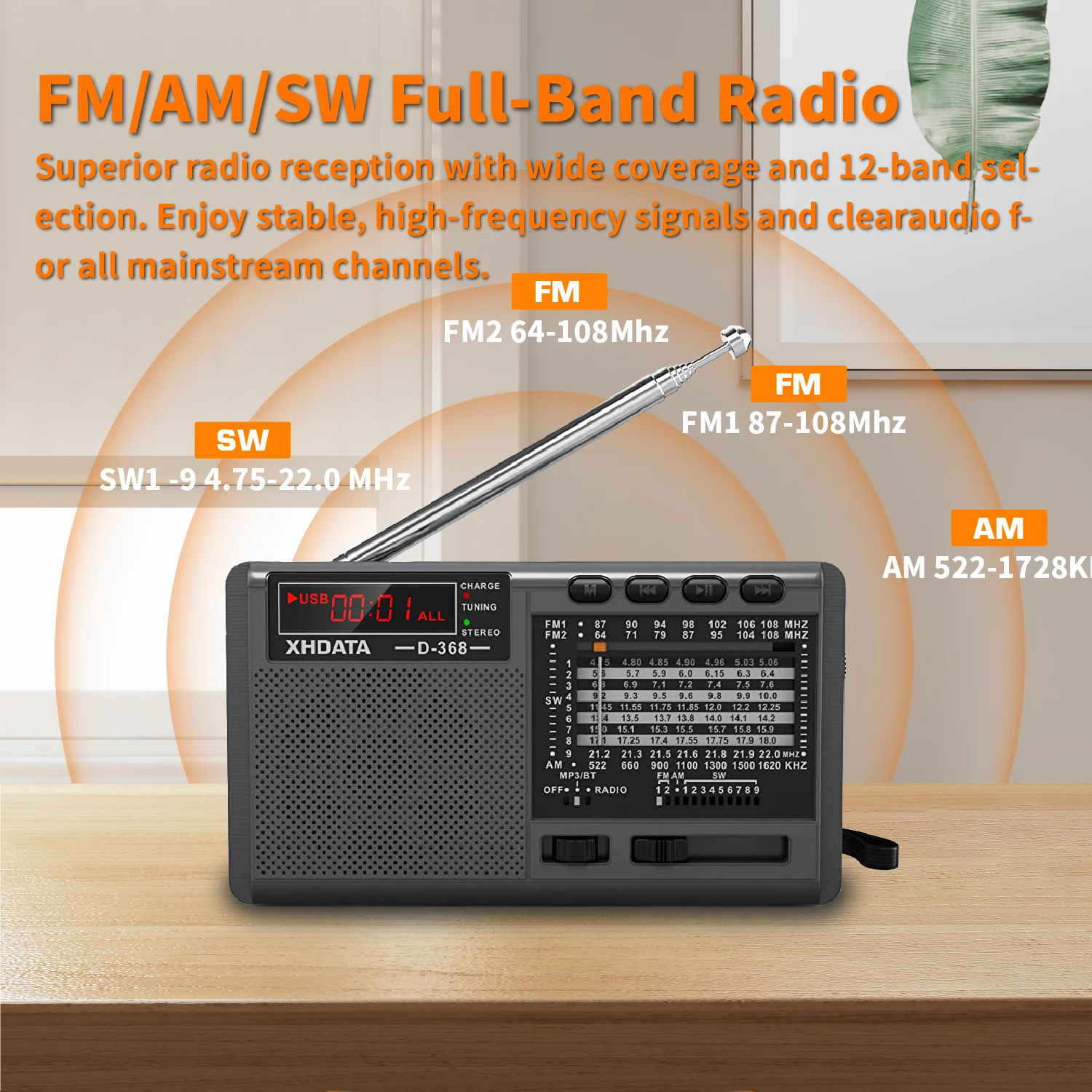 XHDATA D-368 Portable Stereo Radio FM AM SW MP3 Player with Bluetooth TF Card USB Playback 4Ω 3W Speaker Rechargeable Battery image 3