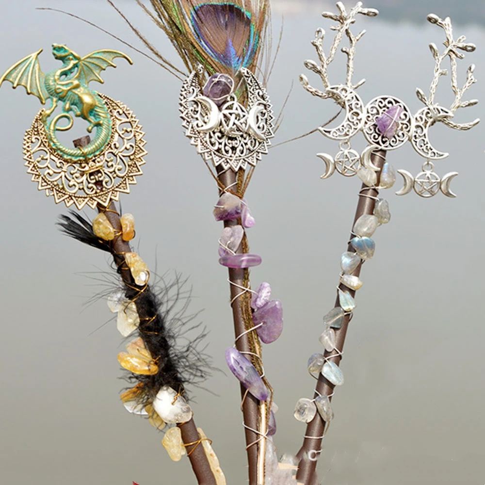 Varita de madera de cristal Natural de bruja, hechizos de Altar, mago, amatista, Hada, palo mágico, Luna, Vikingo, pluma de dragón, joyería hecha a mano, regalos Varita de madera de cristal Natural de bruja, hechizos de Altar, mago, amatista, Hada, palo mágico, Luna, Vikingo, pluma de dragón, joyería hecha a mano, regalos