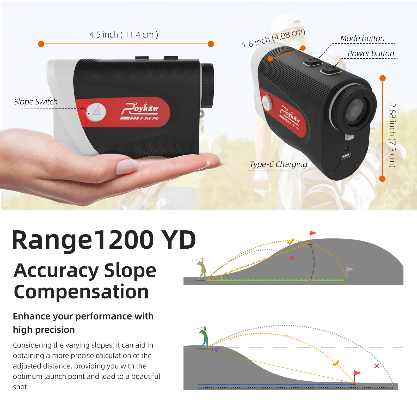 Roykaw Golf Rangefinder with Slope, 1200 Yards/7X Magnification Range Finders for Golf/Hunting, Flag Pole Lock Vibration