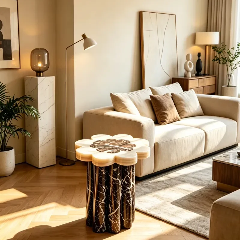 Italian Light Luxury Natural Stone Flower Shaped Coffee Table Modern Simple Small Corner Table for Living Room Villa High End