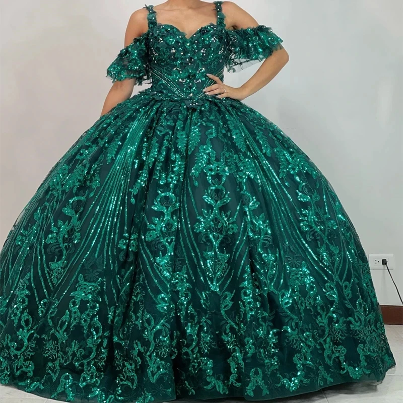 

Emerald Green Shiny Quinceanera Dress Princess Lace Beads Crystal Corset Sweet 16 Girl Party Prom Gown Vestidos De 15 Anos