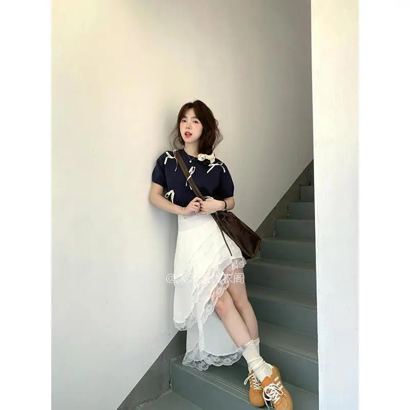 Miiiix 2024 Summer New Design Sense Bow Short Sleeve Knitted Top N Women's Irregular Lace Half Skirt Trendy Two Piece Set