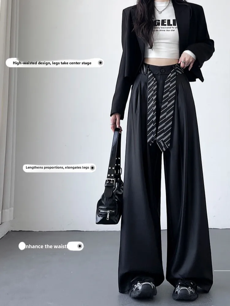 กางเกงขายาวทรงตรงเอวสูงแบบไม่สมมาตร ผ้าหนัง PU ลายทางสไตล์อเมริกัน สำหรับผู้หญิง ฤดูใบไม้ร่วง ฤดูหนาว ทรงหลวม สบายๆ