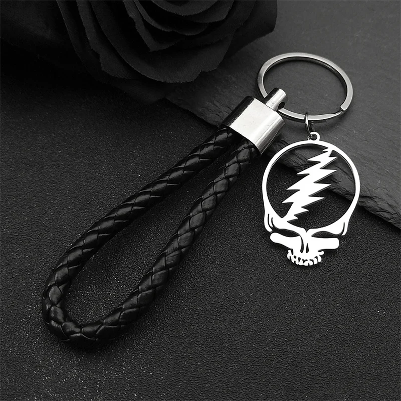 Dead Skull Music Band PU Leather Keychain Women Men Stainless Steel Key Ring Holder Bag Pendant Jewelry Gift K3169