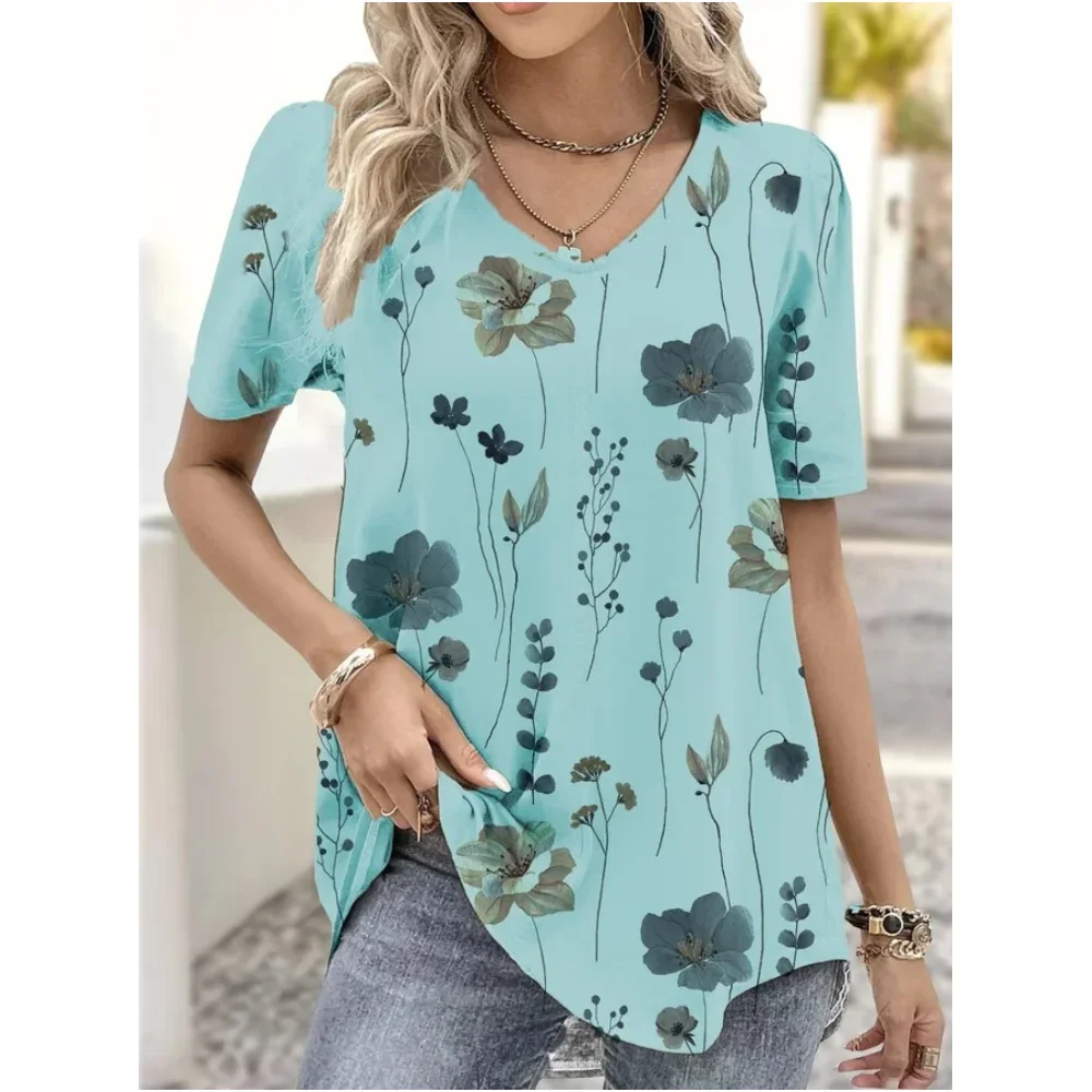 Moda mulher blusas 2024 camiseta feminina 3d flor impressão branco kawaii com decote em v t camisa roupas femininas oversized verão topos t