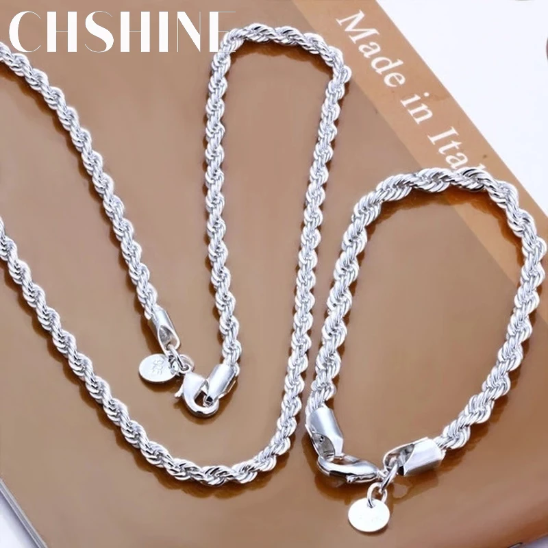 

CHSHINE high quality 925 sterling silver 4MM women men chain male twisted rope necklace bracelets fashion Silver jewelry Set