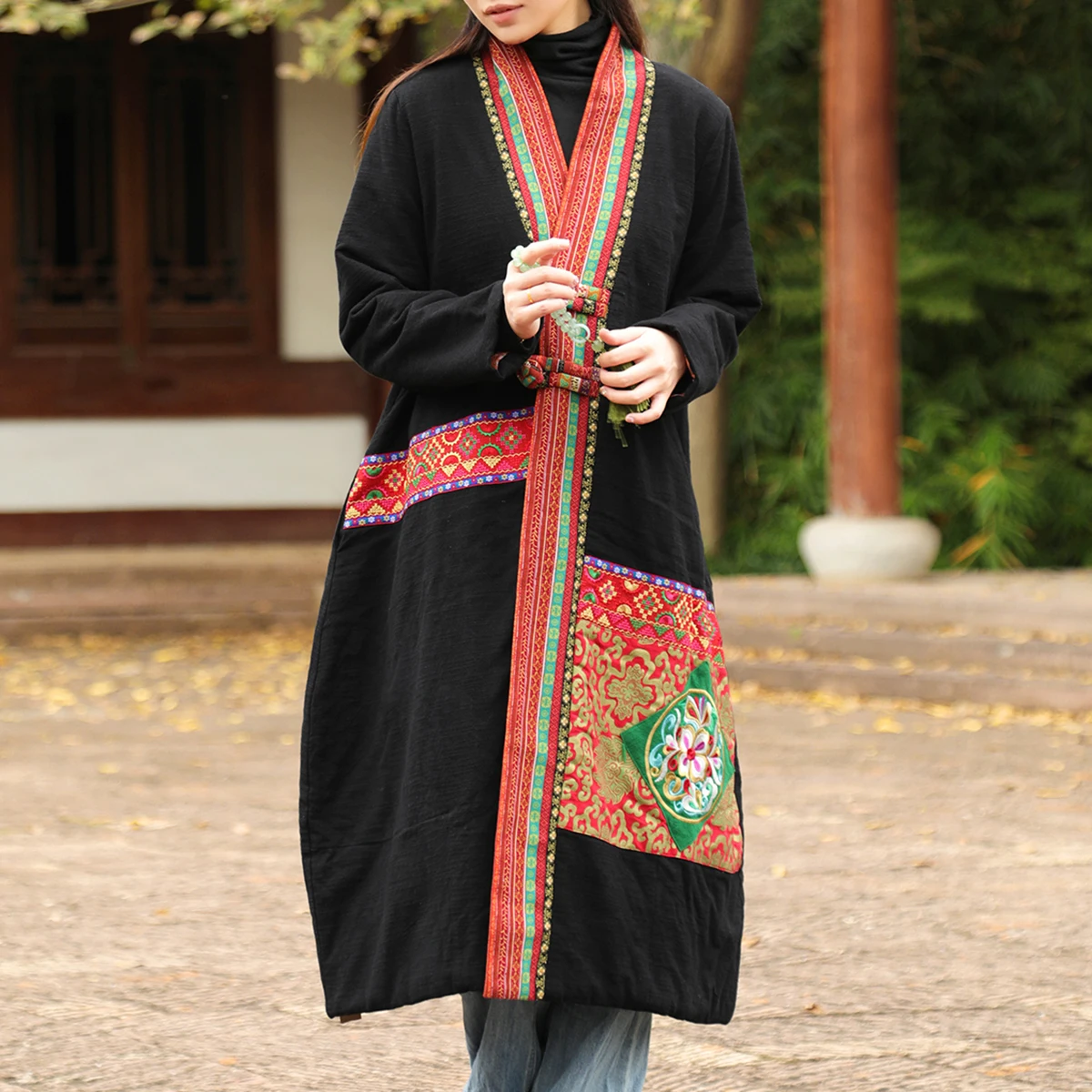 LZJN Chinese Style Embroidered Thickened Warm Cotton Padded Coat Medium Long Length Plus Size Winter Overcoat In Four Colors