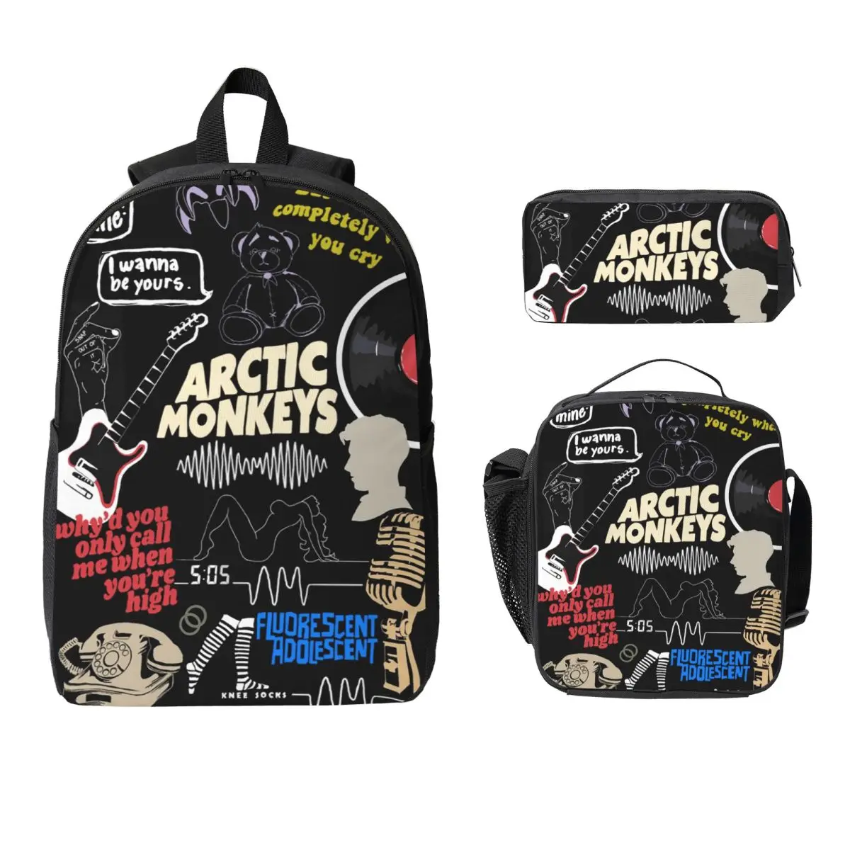 

3Pcs Arctic Monkeys Theme School bags Set for Girls Boys Pencil Boxes Backpack Sets with Lunch Box For School Students Daypack