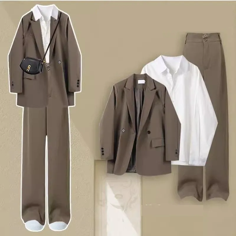 Women\'s Spring Autumn New Casual Suit Coat+White Shirt+Pants Three Piece Korean Elegant Blazers Jacket Trousers Matching Set