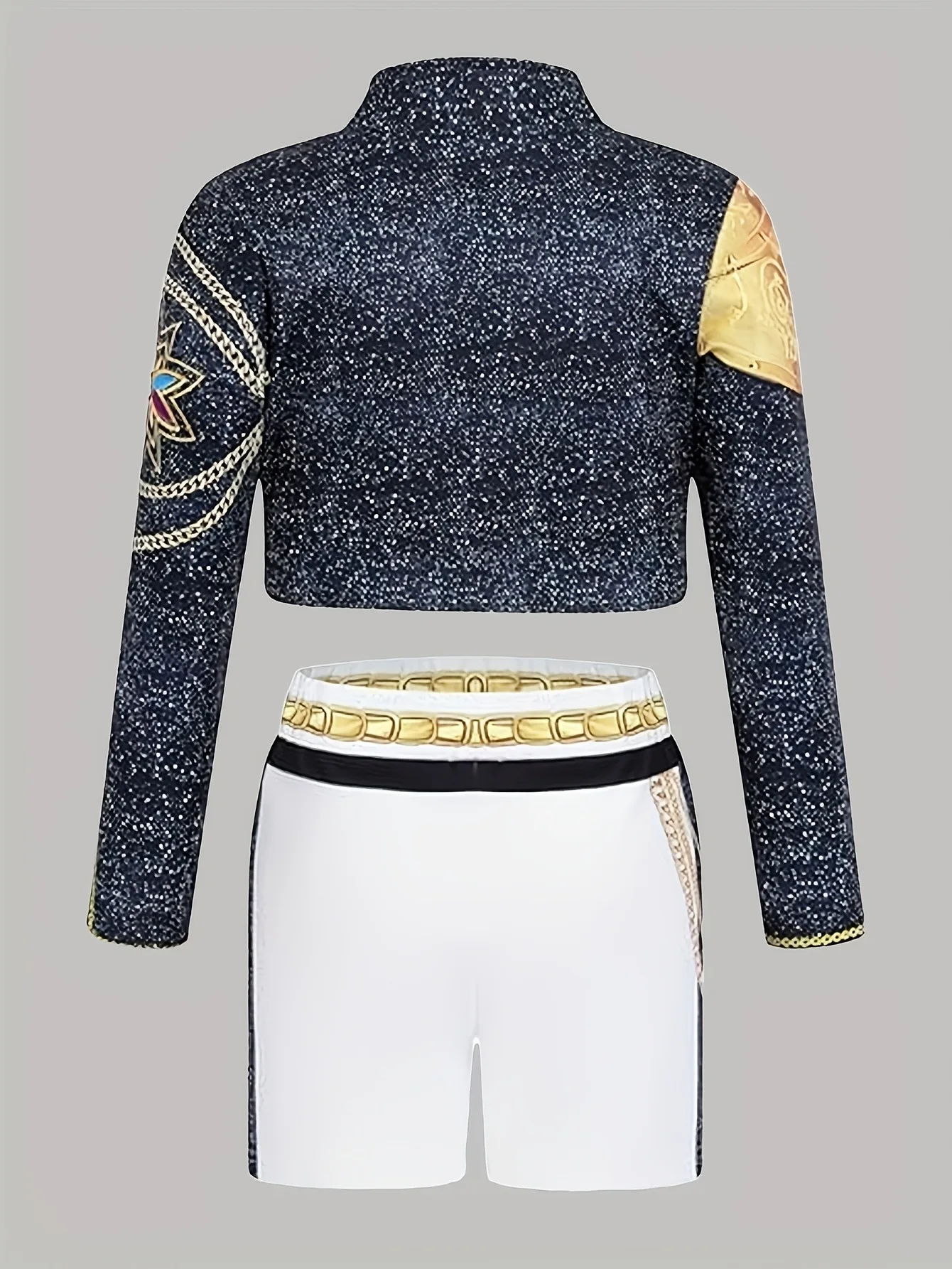 3-teiliges Set für Kinder und Mädchen, glitzernde, bestickte Crop-Jacke und Shorts mit Kettenverzierung und Cami-Top, Bühnenkostüm für Tanzauftritte – Detail 3