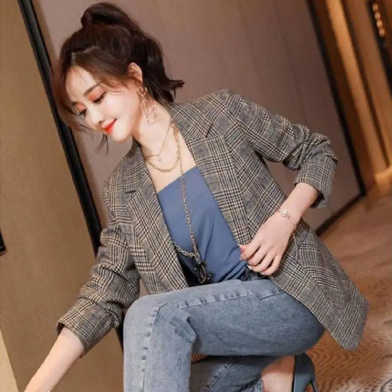 Spring Autumn Plaid Blazer Jacket Ladies Korean Style Office Slim Long Sleeve Pocket Jacket Casual Traf Ropa Mujer Blazer Women