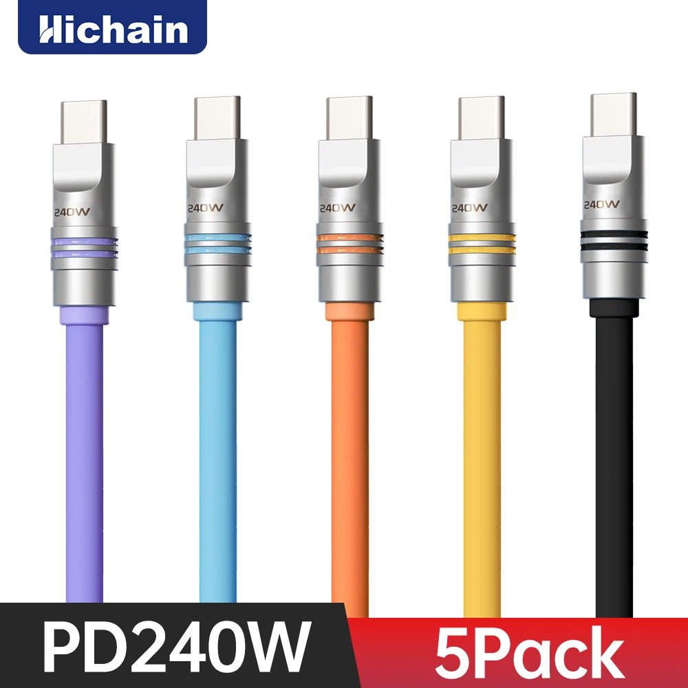 Hichain 5pack 240W USB C Fast Charging Cable Soft Liquid Silicone Type C To C Cable For iphone  Laptop Tablets For Xiaomi 1.2/2M
