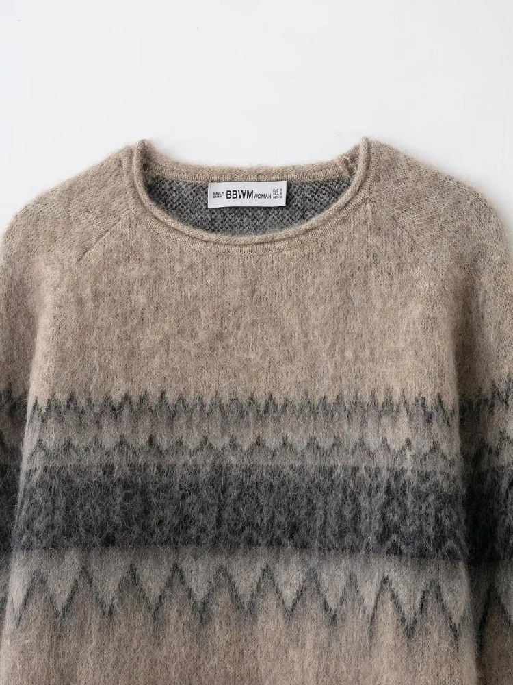 Automne motif géométrique à manches longues Jacquard tricoté hauts femmes couleur effet frottement pull pull ample femme tenue décontracté