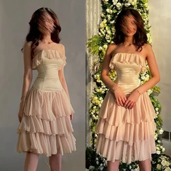 Customized  Prom Modern Style Strapless A-line Tiered Draped Knee-Length Chiffon Bespoke Occasion Dresses Evening