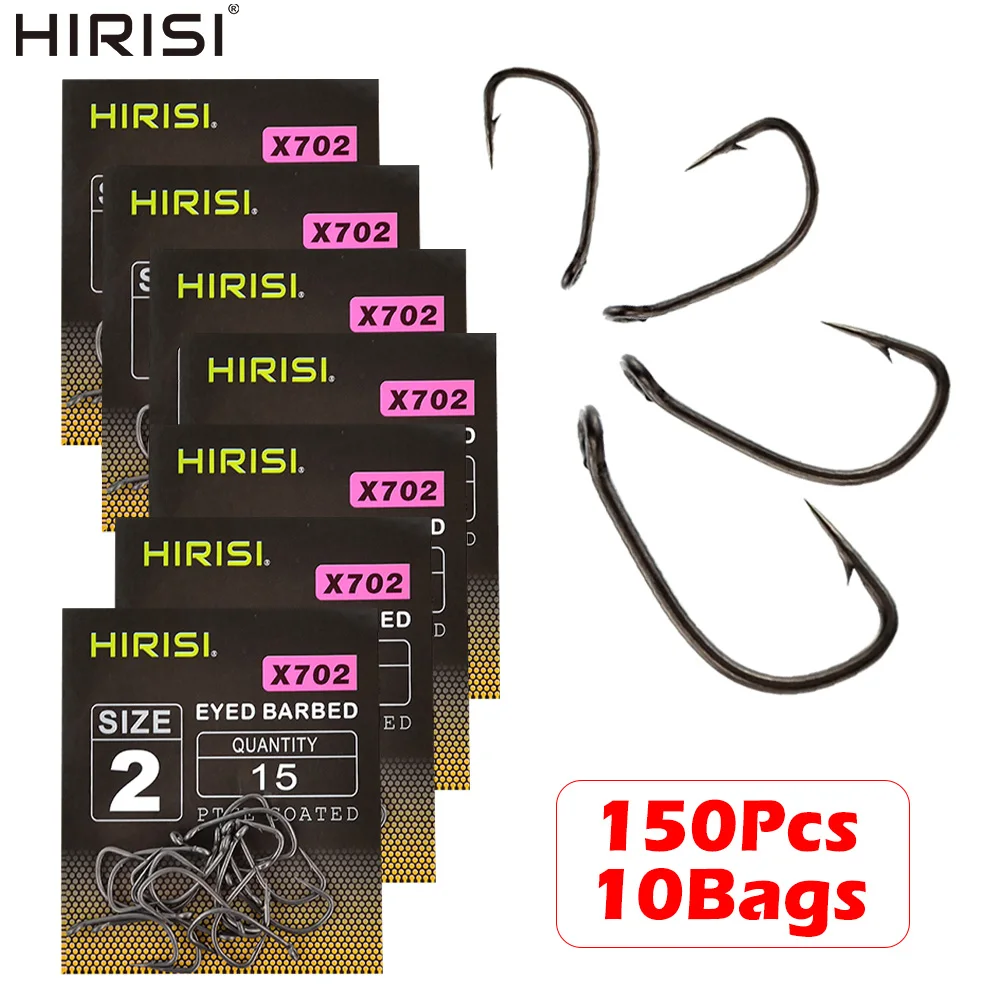 Hirisi X702 150 Peças Anzol de Pesca com Olhal em Aço de Alto Carbono Revestido com PTFE, Acessórios para Pesca de Carpa