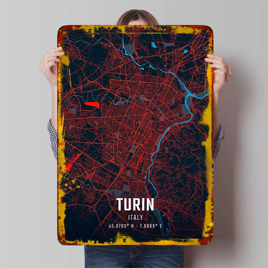 Turin Italy City Map Metal Wall Art Modern Urban Decor for Home Office Unique Geometric Design
