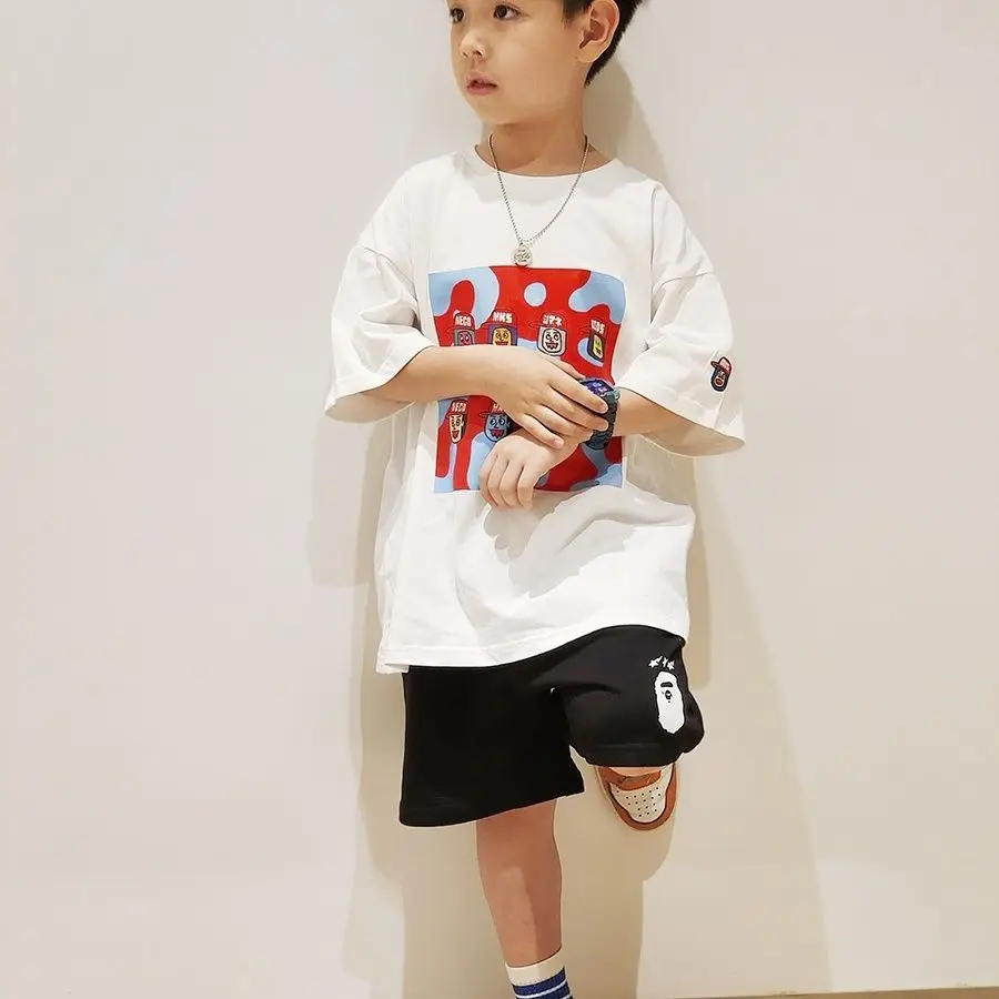 Japanese Style Boys' Summer Cotton T-Shirt Vibrant Graffiti Print Short Sleeve Kids Tee 100% Cotton Casual Summer Clothing