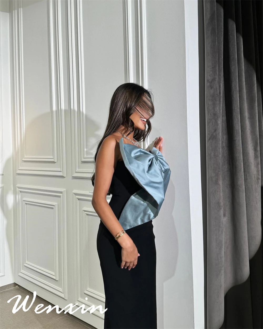 Robe De soirée en Jersey noir doux, personnalisée, sans bretelles, sans manches, robes De retour, à la mode, avec nœud