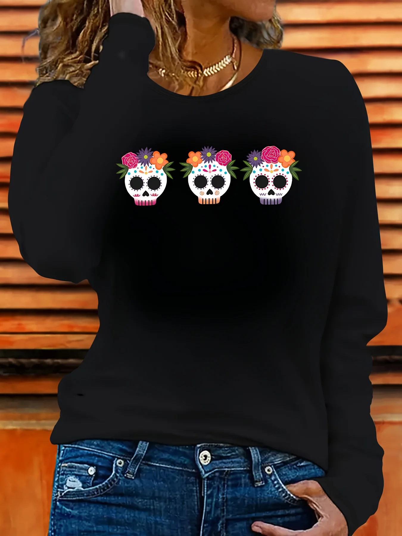 Day of The Dead Skull Print T-shirt Fashion Long Sleeve Round Neck Casual Tops Women's Vintage Style T Shirt Clothes Female 90s