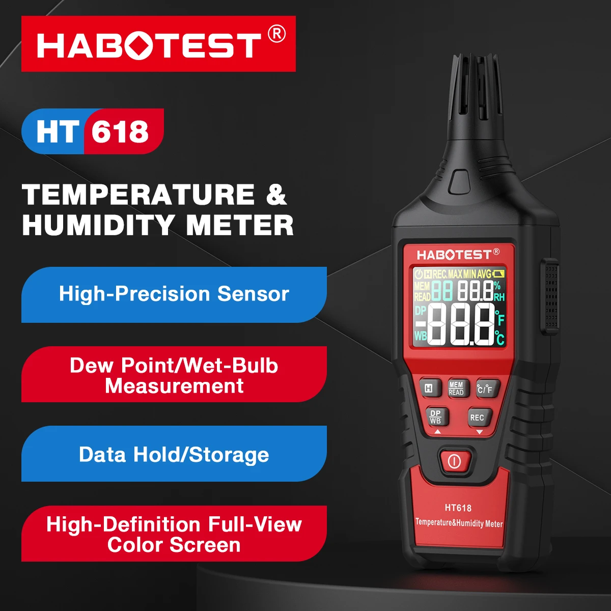 

HABOTEST HT618 Digital Psychrometer Thermometer Hygrometer with Backlight Temperature and Humidity Meter with Dew Point