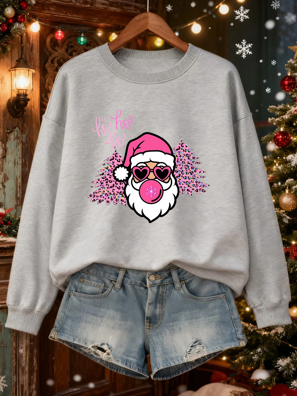 Frohe Weihnachten Baum Santa Claus Drucke Sweatshirt Frauen Lose Weiche Hoodie Fleece Warme Crewneck Kleidung Winter Casual Pullover