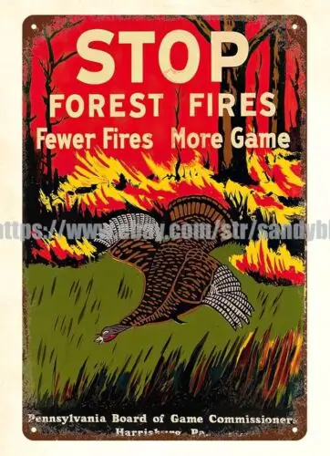 1931 PREVENT FOREST FIRES wild turkey gobbler PA GAME COMMISSION tin sign