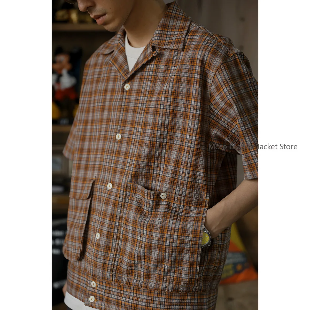 

Secondorder SS23 Open Collar Shirt Retro Seersucker Plaid Open Collar Short Sleeve Shirt