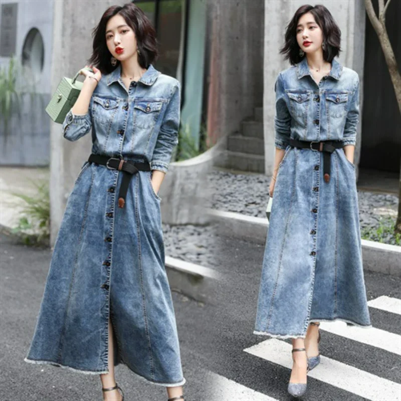 Denim Windbreaker Dresses Belt Women Spring Autumn Clothes Look Thin Retro Long-sleeved Trench Coats Pockets Raw Edge Make Old