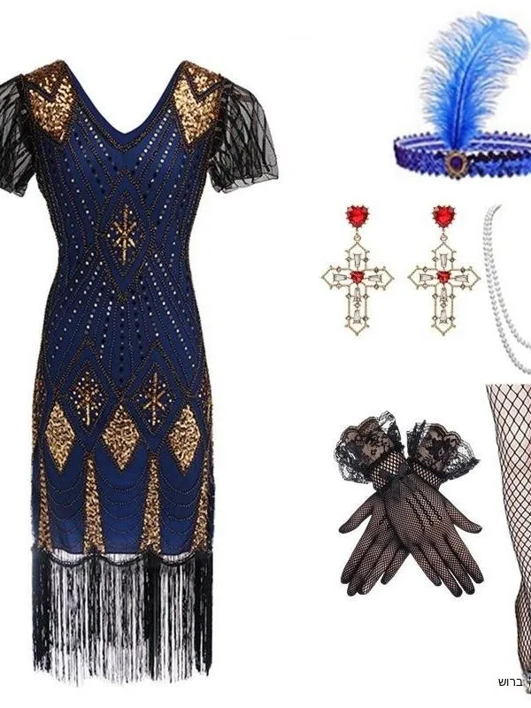 Handmade Beaded Fringe Dress Large Size Retro 1920S Glitter Dress Gatsby Set Women's Ethnic Costume Stage Performance Dress