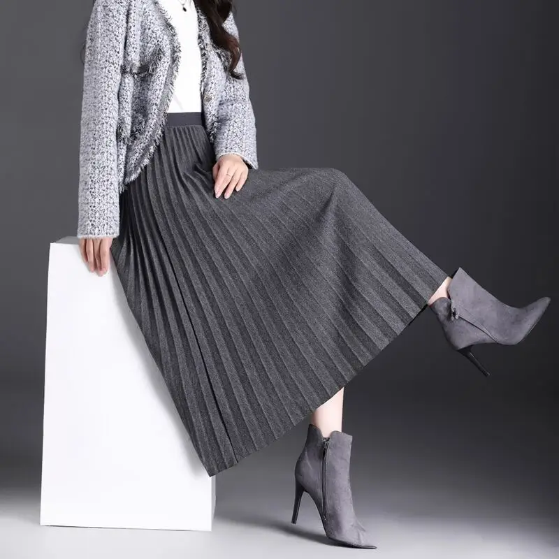 

Elegant Woolen Pleated Skirt Skirt Women Autumn Winter 2024 New Slimming High-waisted Solid Color A-Line Long Skirts Fabric L131