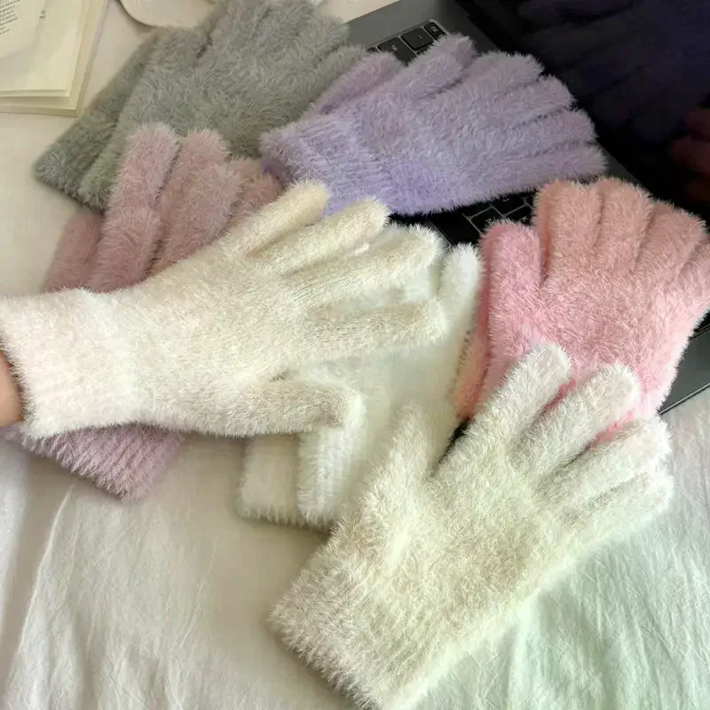 تقليد فرو المنك قفازات محبوكة شتاء دافئ سميكة المخملية خمسة أصابع قفازات النساء في الهواء الطلق الدراجات بلون القفازات