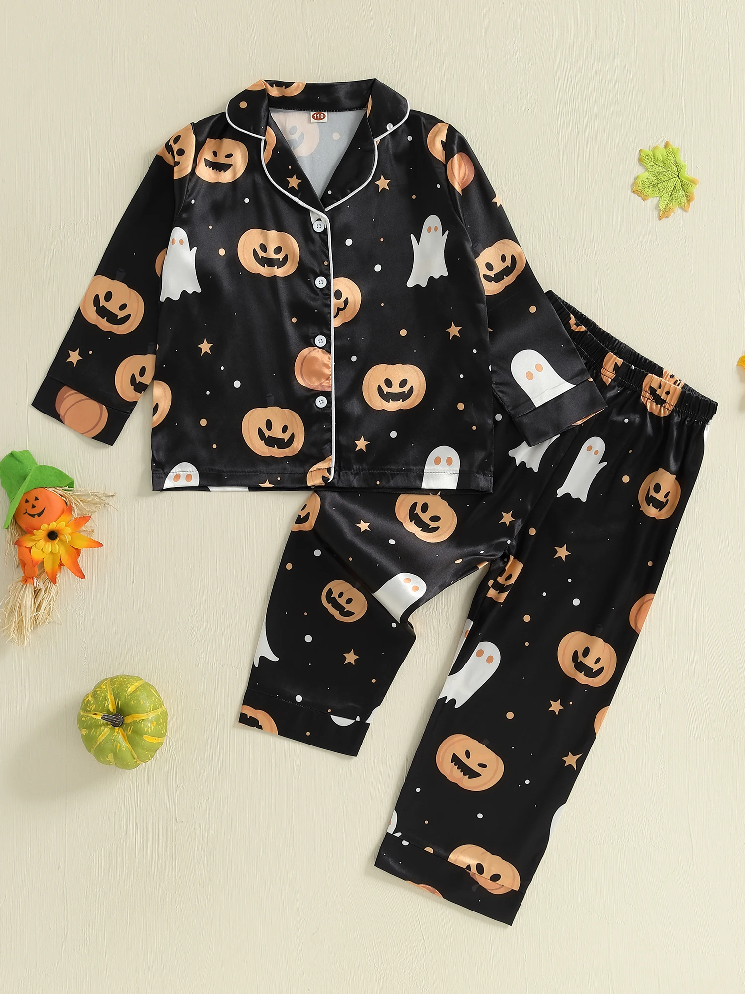Pigiama per Halloween da 2 pezzi per bambini con camicia e pantaloni a maniche lunghe con colletto a bavero - Completo da notte per bambini per i più piccoli