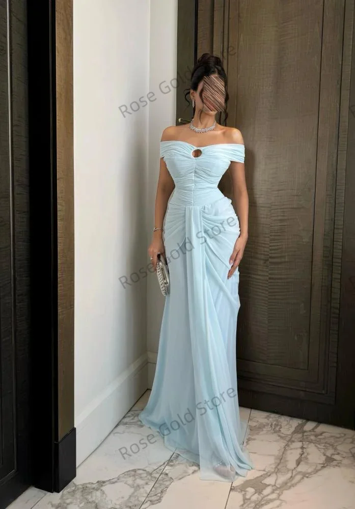 Vestidos de Noche de sirena azul claro para mujer, Vestido de Noche sin mangas de gasa con hombros descubiertos, vestidos de graduación plisados personalizados
