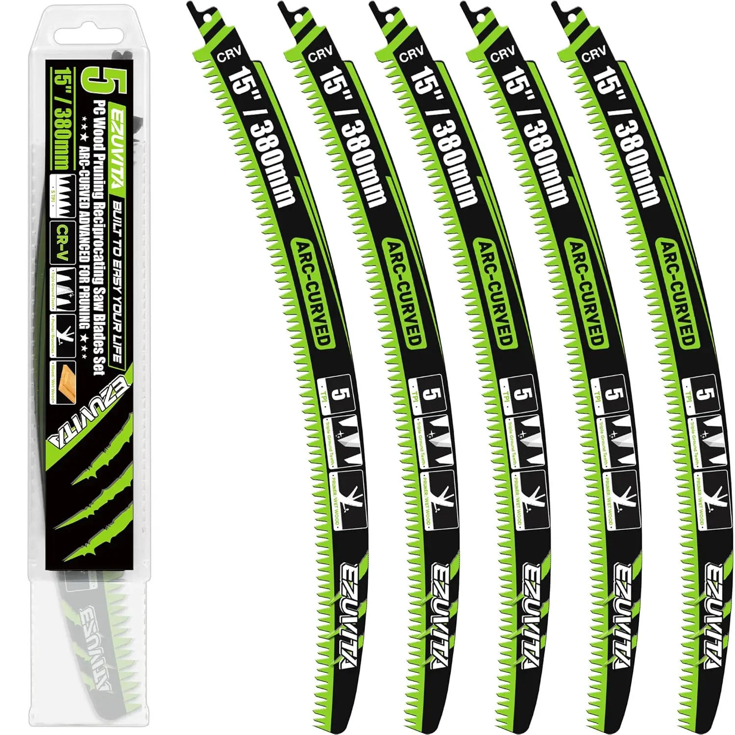 

15-Inch Curved Reciprocating Saw Blades Set, 5 Pieces, 5 TPI, CR-V Steel for Tree Trimming and Wood Pruning