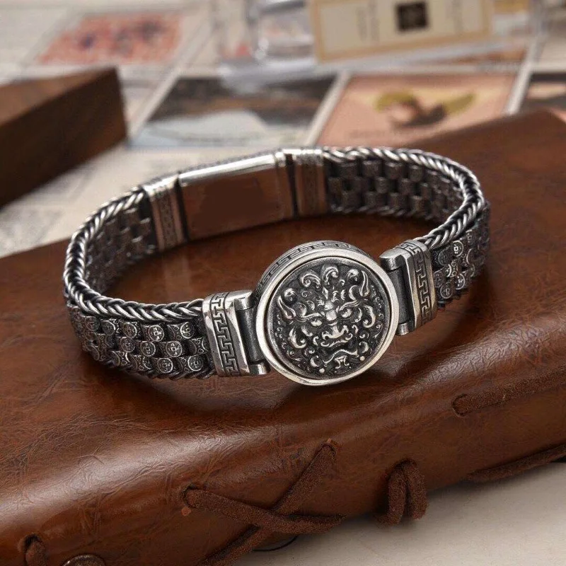 Vintage Antiqued Rotatable Pixiu Bracelet for Men, Heavy Duty Trendy Retro Feng Shui Lucky Charm Fashion Wrist Jewelry