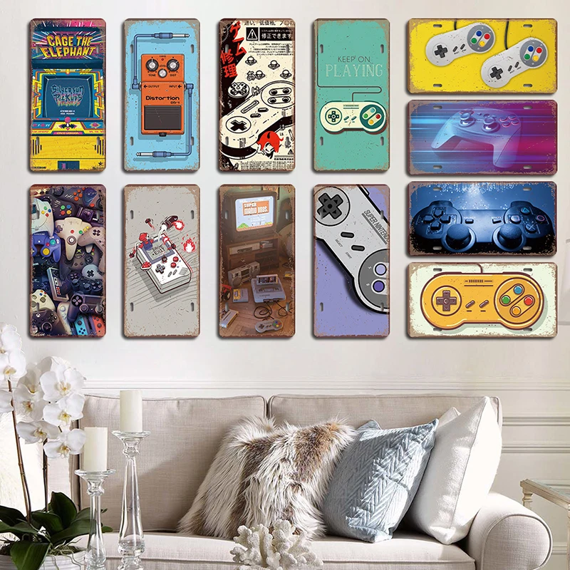 Video Game License Plate Metal Sign Vintage Playstation Gamer Metal Tin Poster Wall Art Decor for Boys Play Room Home