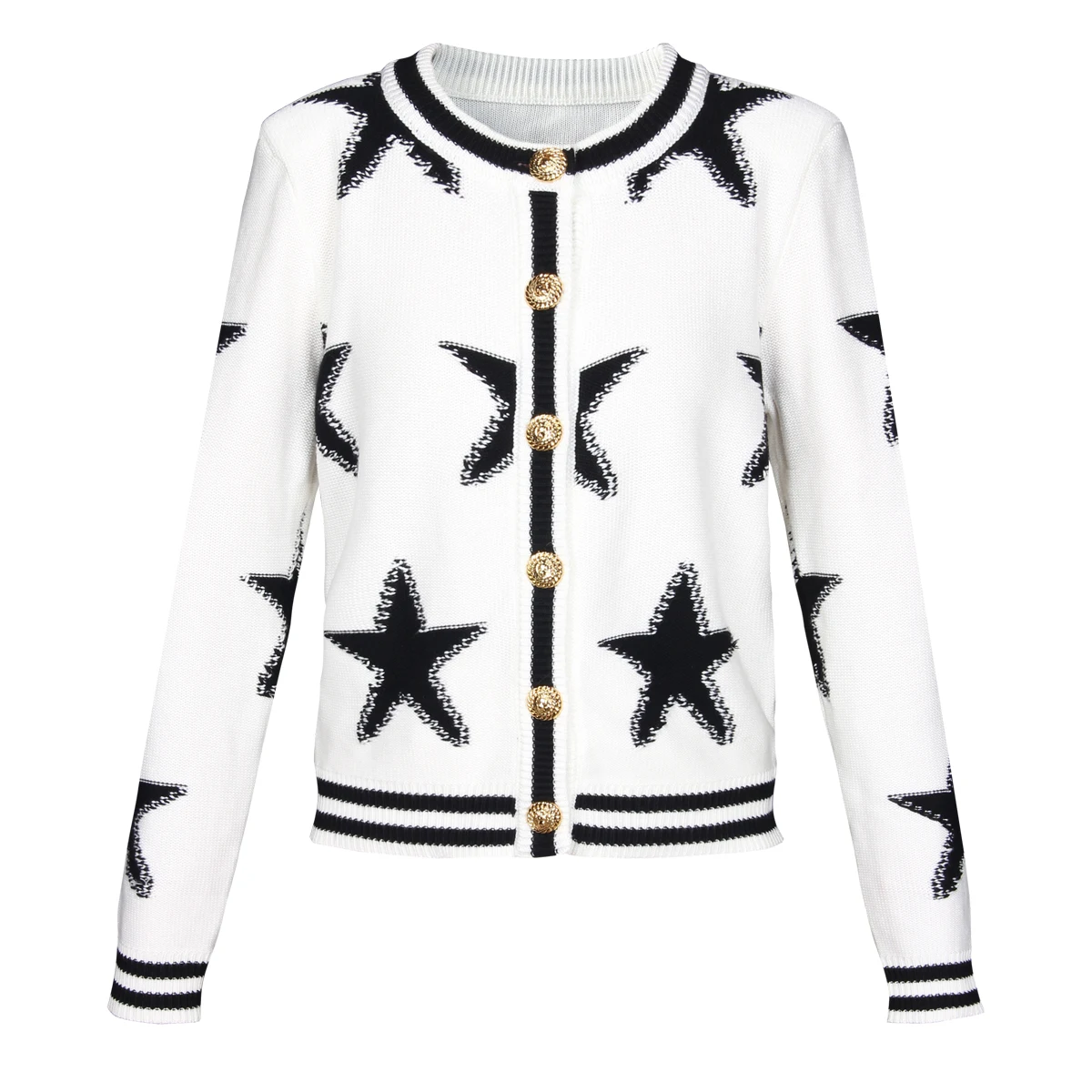 

Spring And Autumn New High Quality Fashion Commuter Star Pattern Knitted Shirt Long Sleeve Round Neck Cardigan Woolen Coat