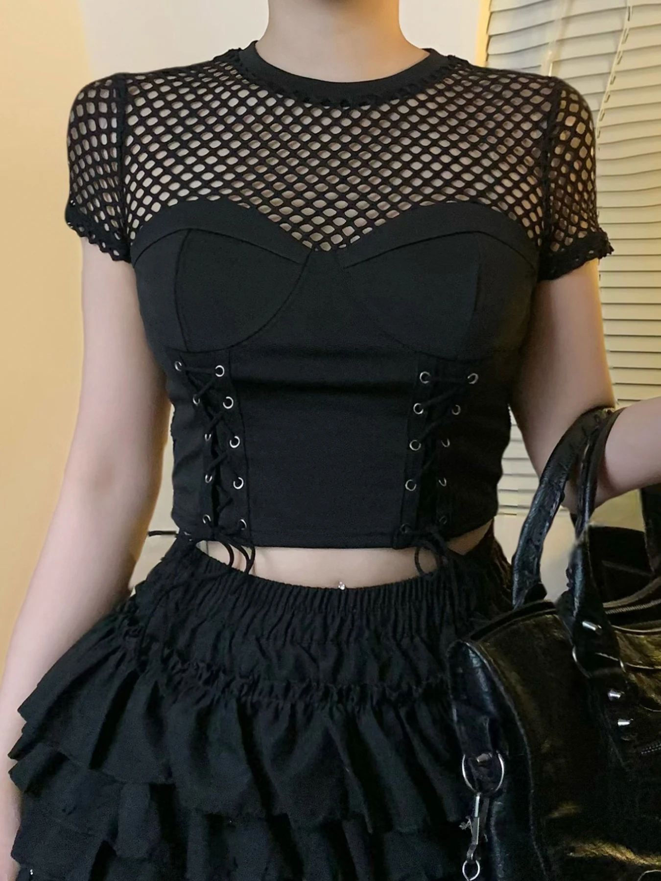 AltGoth Dark Gothic Cyber Punk T-shirt Women Streetwear Harajuku Mesh Patchwork Short Sleeve Bandage Corset Crop Tee Tops Female